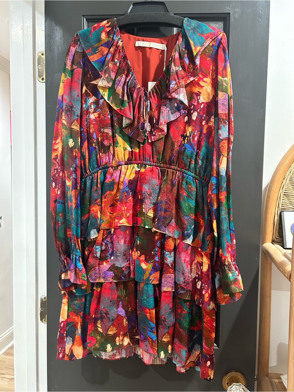 Marie Oliver Multicolor Ruffled Long Sleeve Dress - Red, Green, Blue, Purple